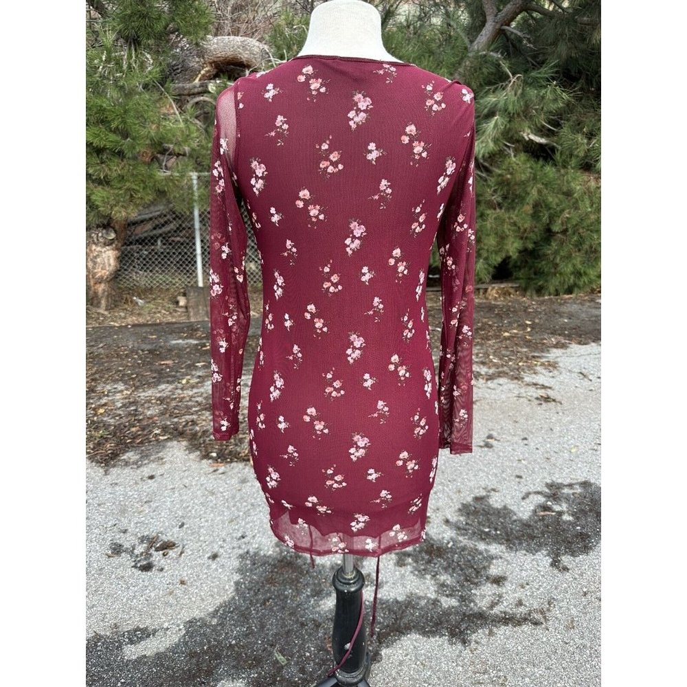 Vibe Sportswear Womans Large Burgundy Dress Floral Long Sheer Sleeve Short Lined - Picture 2 of 8